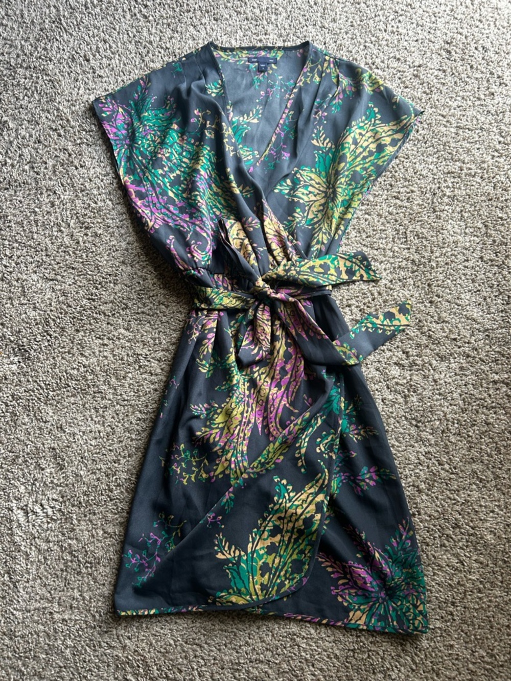 GAP Dark Grey Wrap Dress with Green, Purple & Yellow Floral Print